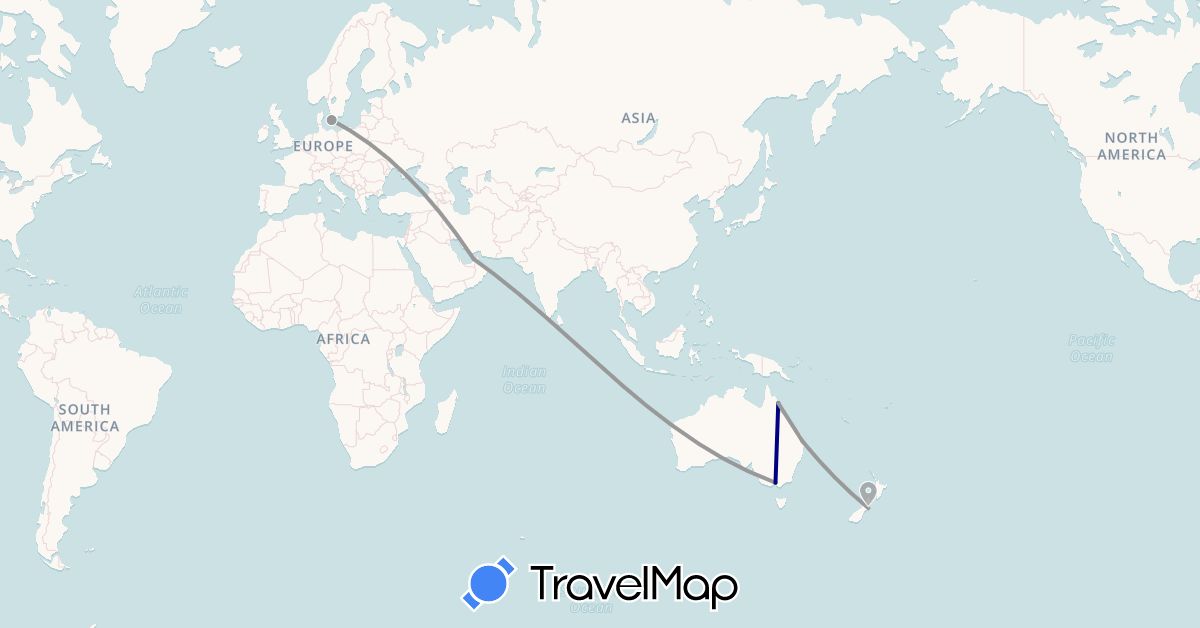 TravelMap itinerary: driving, plane in United Arab Emirates, Australia, Denmark, New Zealand (Asia, Europe, Oceania)